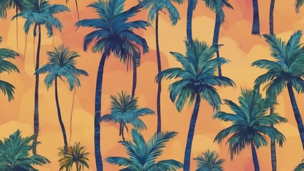 Hand drawn palm tree doodle seamless pattern illustration. Colorful hawaiian print, summer vacation background in vintage art style. Tropical plant painting wallpaper texture.Ai generative