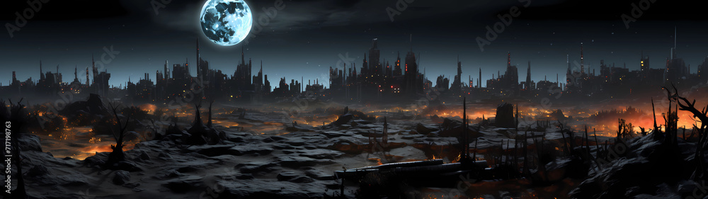 Decaying Moon Ultra-wide depiction of a dystopian wasteland punk landscape, desolate ...