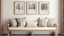 Wooden Rustic Bench With Pillows Against Wall With Two Poster Frames. Country Farmhouse Interior Design Of Modern Home Entryway.