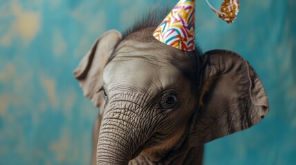 Wall Mural - Baby elephant with birthday hat generative ai