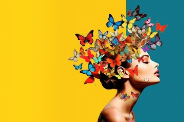 Stunning portrait of a beautiful woman with a headdress of butterflies of all colors. Space for copy.