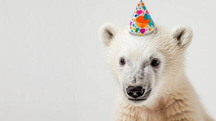Wall Mural - Baby polar bear with birthday hat generative ai