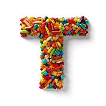 3d Latin letter T made of colorful candy beans, isolated on white background.