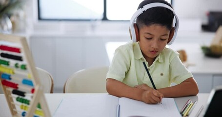 Sticker - Boy, book and writing with headphones and tablet for online education, course and math at home. Distance learning, technology and audio with test for education, kid student studying and elearning