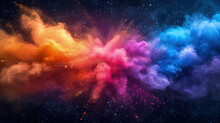 Explosion Of Bright Colorful Paint On Black Background, Burst Of Multicolored Powder, Abstract Pattern Of Colored Dust Splash. Concept Of Spectrum, Splash, Swirl, Holi, Texture