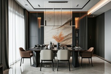 Wall Mural - Interior of modern dining room with white and black marble walls, tiled floor, comfortable beige armchairs and round tables with chairs