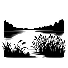 Lake At Night With The Gentle Rustle Of Reeds And Rushes Along The Shoreline Vector Logo Art