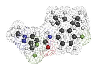 Sticker - Fluindapyr fungicide molecule. 3D rendering.