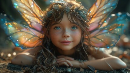 Wall Mural - A young and beautiful 10 year old fairy, Beautiful wings, Beautiful rainbow fairy dress, smiling, Expressive eyes, long brown hair, Relaxing on the ground