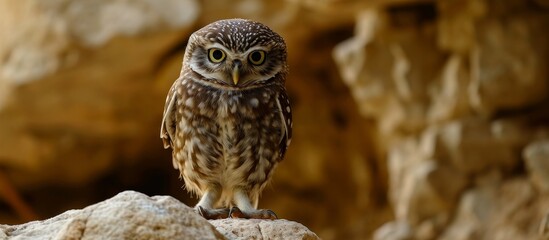 Sticker - Tiny owl: Athene noctua, in its natural setting.