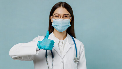 Female satisfied doctor woman she wear white medical gown suit mask gloves work in hospital clinic office show thumb u p gesture isolated on plain blue background studio. Health care medicine