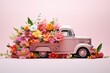 © Milky Way - Pink retro truck car with trunk full of beautiful colorful  spring flowers. Moving to the right. Light pink  background. Romantic flower delivery for Valentine day February 14