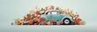 © Milky Way - Blue retro car in a lot or fresh different spring flowers. Flower delivery and wedding decoration. Banner, light background.
