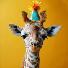 Wall Mural - baby giraffe with birthday hat generative ai