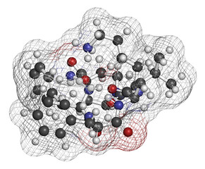 Sticker - Difelikefalin drug molecule. 3D rendering.