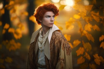 Handsome male with ginger hair in autumn forest. Ginger guy portrait wearing golden robe. Generate ai