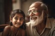 © nsit0108 - Indian girl grandpa smiling. Senior with transparent glasses and white bread. Generate AI