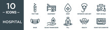Hospital Outline Icon Set Includes Thin Line Test Tube, Equipment, Drop, Intensive Care Unit, First Aid Bag, Mask, Blood Transfusion Icons For Report, Presentation, Diagram, Web Design