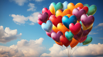 Poster - Bouquet from heart air balloons  on blue sky background