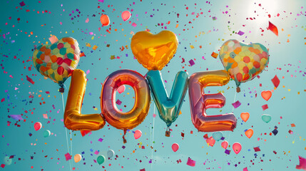 Poster - LOVE from air balloons  with confetti on blue sky background with sunlight