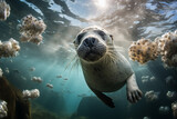 Fototapeta Łazienka - Seehund neugierig unter Wasser, ein Seehund schwimmt unter der Wasseroberfläche durch ein Riff