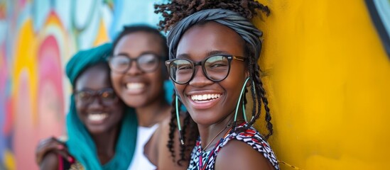 Canvas Print - African friends, smiling and posing outside against urban wall for a social media selfie, connected by 5G network.