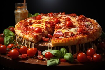 Wall Mural - Pizza yeast flatbread, tomato sauce, cheese, herbs a traditional Italian dish stacked filling of tomato sauce, cheese ingredients such s meat, vegetables, mushrooms and other foods. pizzaiolo.