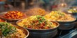 Misal Culinary Fusion - A Flavorful Symphony of Sprouts, Gravy, and Crunchy Mix. Immerse in the Culinary Fusion in a Dynamic Indian Street Food Stall with Soft Lighting