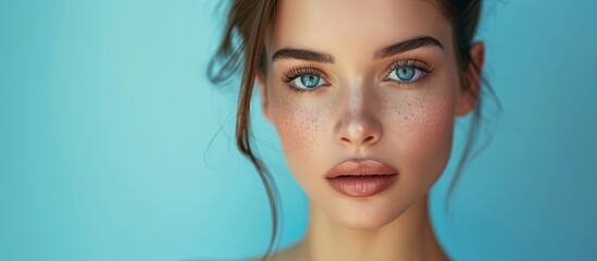 close-up portrait of a beautiful young woman with flawless skin, natural nude makeup, and long eyela