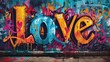 Love word in a graffiti style. Decorative love letters in street art urban theme. Vibrant and colorful love concept.