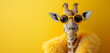 Trendy fashionable stylish glamorous animals. A humorous portrait of a giraffe wearing yellow sunglasses and a fluffy boa, on a bright yellow background.