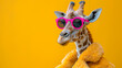 Trendy fashionable stylish glamorous animals. A humorous portrait of a giraffe wearing yellow sunglasses and a fluffy boa, on a bright yellow background.
