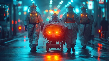 Wall Mural - Team of Korean doctors rushing a patient in a gurney at the hospital - emergency medicine concepts, generative ai