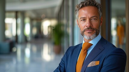 Smiling confident mature businessman leader looking at camera standing in office at team meeting. Male corporate leader ceo executive manager posing for business portrait arms folded.