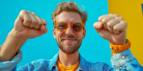 Man in Blue Shirt With Yellow Sunglasses