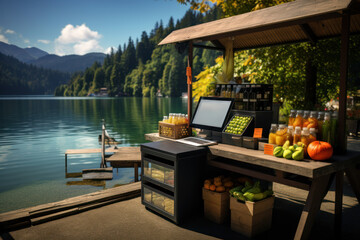 Poster - a picturesque view of a lakeside food stand accepting electronic payments through a secure mobile ap