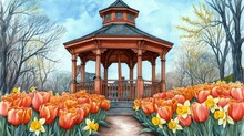 Charming Gazebo Surrounded By Tulips In Spring