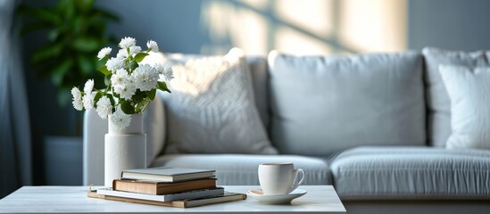 Wall Mural - Modern living room with books, coffee cup on couch, and flower vase represents interior design, conceptualizing redecoration and renovation.