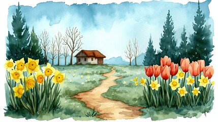 Canvas Print - Cottage Path Surrounded by Spring Daffodils Watercolor Painting