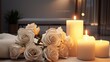 White rose and candles are located thoughtful and non -abundant manner. Using the negative space to emphasize the solemnity of the scene.