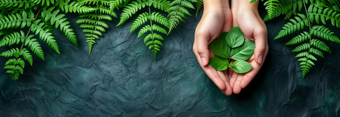 Environmental visual banner. Eco-friendly panoramic banner of two hands holding a twig with leafy. Fern leaves in the background. Concept of ecological conservation; nature protection and care