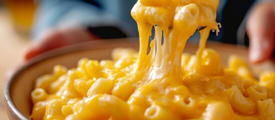 Wall Mural - Southern-style comfort food: hand picking up mac and cheese, cheese dripping from fork.