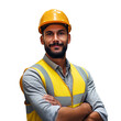© Mykhailo Shvets - Portrait of a construction worker. Male builder in a helmet. Warehouse worker in uniform on the blurred background. Created using AI generation