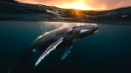 Wall Mural - Humpback whale breaching the surface during the evening. World wildlife day concept