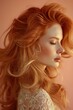 © Ivy - Woman with Dynamic, Wind-Blown Hairstyle in Blonde and Light Copper Tones, Soft Lighting Highlighting Her Profile, Lace Garment, and Gradient Peach Background