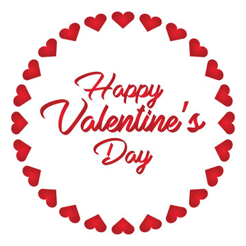 Valentine badge in white color with round of red hearts frame and red text in the middle