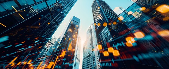Wall Mural - Silhouettes of skyscrapers with superimposed stock market graphs. iconic illustration of financial transaction growth indicators. generative AI