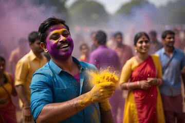 Wall Mural - Celebrating Holi Festival of Colors, Happy Indian people with colorful Holi powder on face and body, generative AI