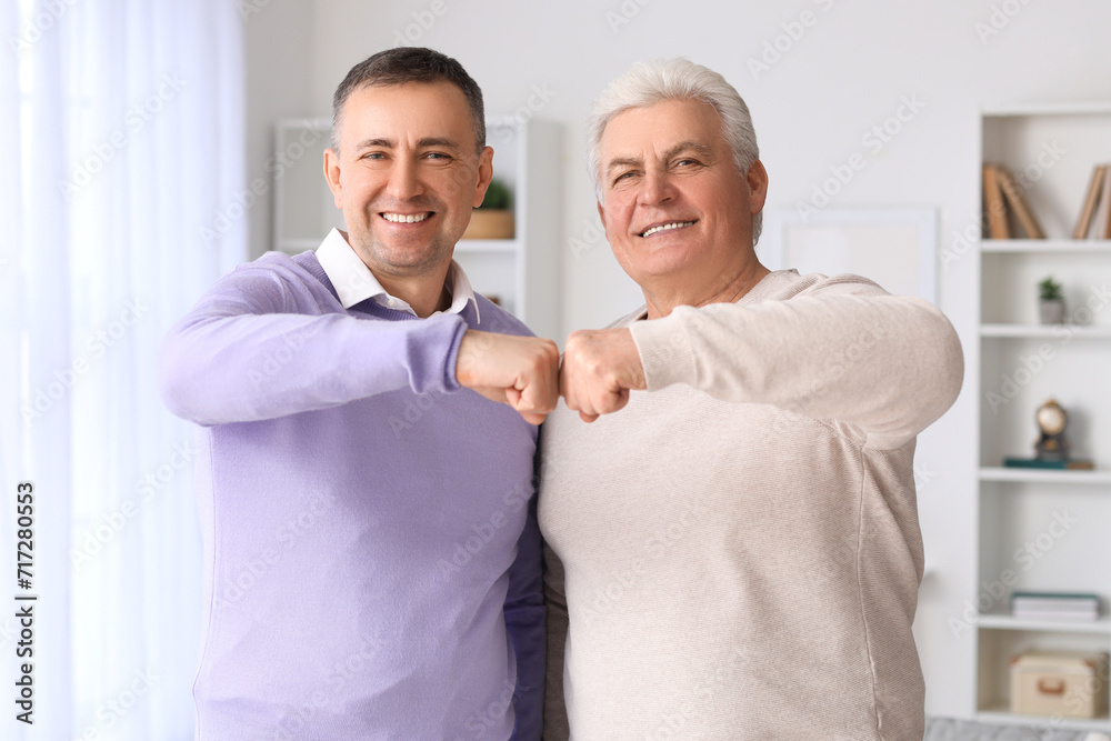 Mature brothers bumping fists at home