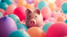 Piggy Bank Surrounded By Colorful Balloons Generative Ai
